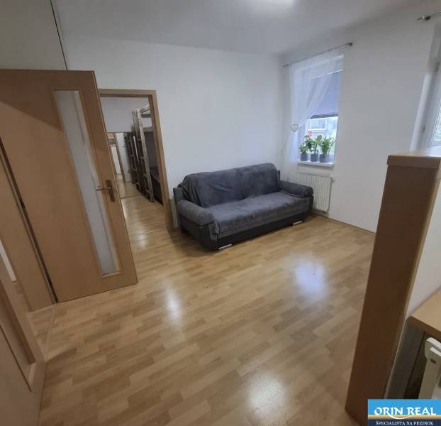 Na prenájom klimatizovaný 2 izbový byt v Moste pri Bratislave - Obývacia izba v 2-izbovom byte s podlahou s dreveným dekorom a pohovkou.