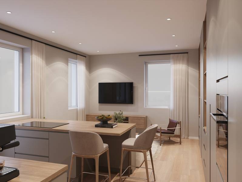 Pripravujeme: Moderná novostavba bytového domu, Byty Maty - Jednoduchý interiér 1-izbového bytu s kuchyňou a obývacou zónou, podlaha s dreveným dekorom.