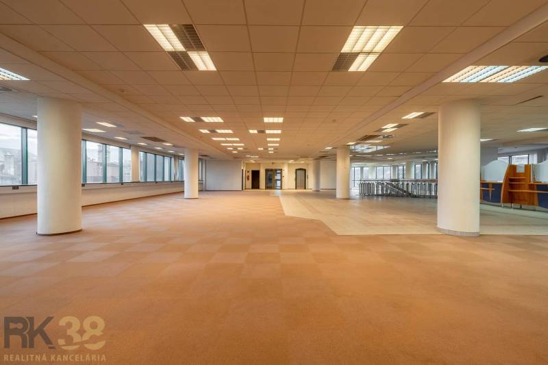 Reprezentatívne administratívne priestory na prenájom  - Široký kancelársky priestor s kobercovou podlahou a stĺpmi, ideálny na využitie.