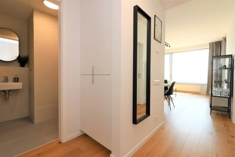 NUERA︱SKY PARK Moderný 2-izbový byt na 6. poschodí, veža 3 - Interiér 2-izbového bytu s kúpeľňou, zrkadlom a podlahou s dreveným dekorom.