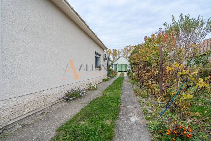 NA PREDAJ 4 IZBOVÝ RD S VEĽKÝM POZEMKOM,VEĽKÉ DVORNÍKY - Chodník vedie pozdĺž rodinného domu vo Veľkých Dvorníkoch so záhradou plnou rastlín.