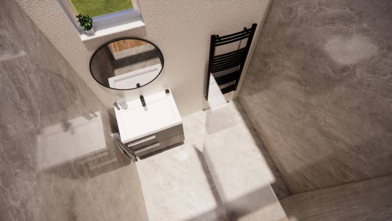 NA PREDAJ DVOJDOM (2× 3-IZBOVÉ DOMY), ZEMIANSKÁ OLČA - Kúpeľňa v rodinnom dome s oknom, umývadlom a čiernym radiátorom.