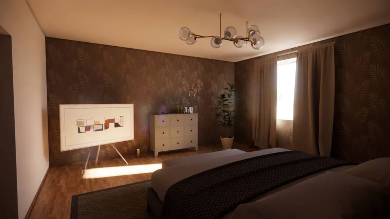 NA PREDAJ DVOJDOM (2× 3-IZBOVÉ DOMY), ZEMIANSKÁ OLČA - Spálňa v rodinnom dome s obrazom, podlahou s dreveným dekorom a veľkým oknom.