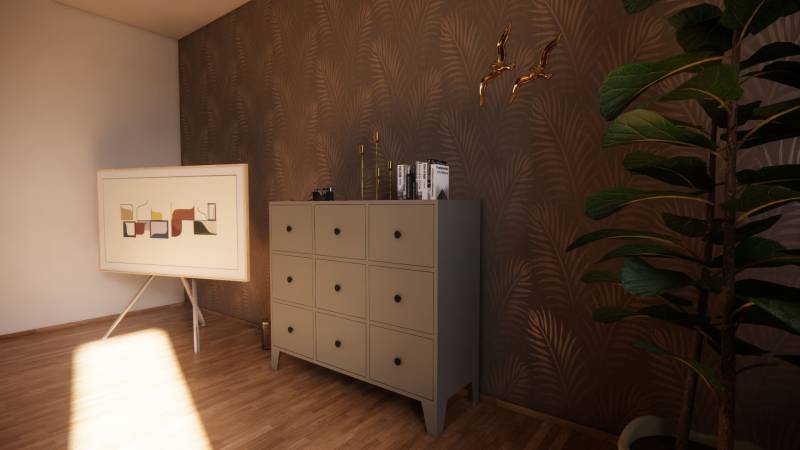 NA PREDAJ DVOJDOM (2× 3-IZBOVÉ DOMY), ZEMIANSKÁ OLČA - Interiér rodinného domu s tapetou, komodou, rastlinou a umením, podlaha s dreveným dekorom.