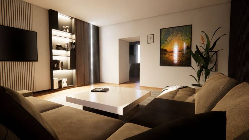 NA PREDAJ DVOJDOM (2× 3-IZBOVÉ DOMY), ZEMIANSKÁ OLČA - Obývacia izba v rodinnom dome s pohovkou, rastlinou, podlahou s dreveným dekorom a moderným umením.