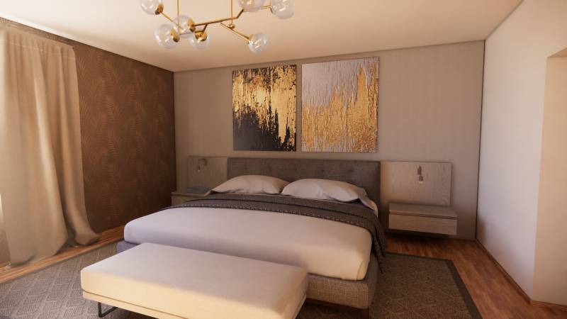 NA PREDAJ DVOJDOM (2× 3-IZBOVÉ DOMY), ZEMIANSKÁ OLČA - Spálňa v rodinnom dome s podlahou s dreveným dekorom, zlatými obrazmi a závesom.