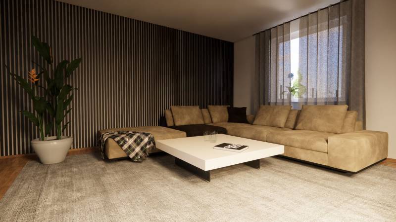 NA PREDAJ DVOJDOM (2× 3-IZBOVÉ DOMY), ZEMIANSKÁ OLČA - Pohodlná obývačka v rodinnom dome s béžovou pohovkou a rastlinou v kvetináči.