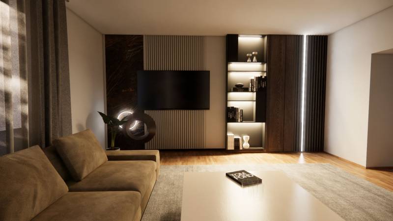 NA PREDAJ DVOJDOM (2× 3-IZBOVÉ DOMY), ZEMIANSKÁ OLČA - Obývacia izba v rodinnom dome s hnedou sedačkou a dekoratívnym osvetlením, podlaha s dreveným dekorom.