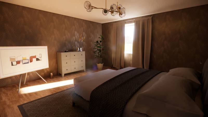 NA PREDAJ DVOJDOM (2× 3-IZBOVÉ DOMY), ZEMIANSKÁ OLČA - Spálňa v rodinnom dome, s podlahou s dreveným dekorom, obrazom a rastlinou.