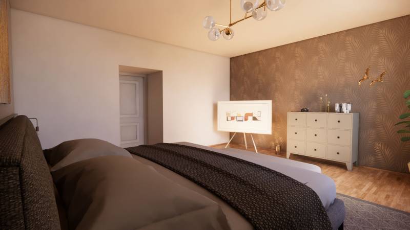 NA PREDAJ DVOJDOM (2× 3-IZBOVÉ DOMY), ZEMIANSKÁ OLČA - Spálňa v rodinnom dome s podlahou s dreveným dekorom, komodou a ozdobnou stenou.