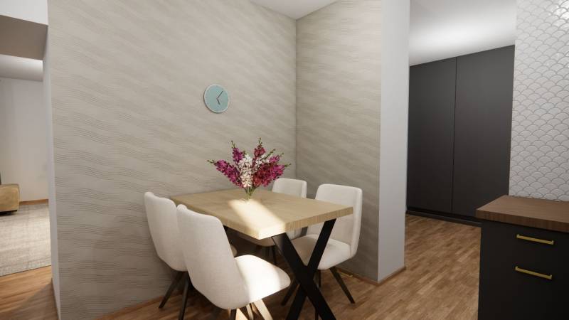 NA PREDAJ DVOJDOM (2× 3-IZBOVÉ DOMY), ZEMIANSKÁ OLČA - Jedálenský kút s dreveným stolom a stoličkami v Rodinnom dome, dekorované kvetmi.