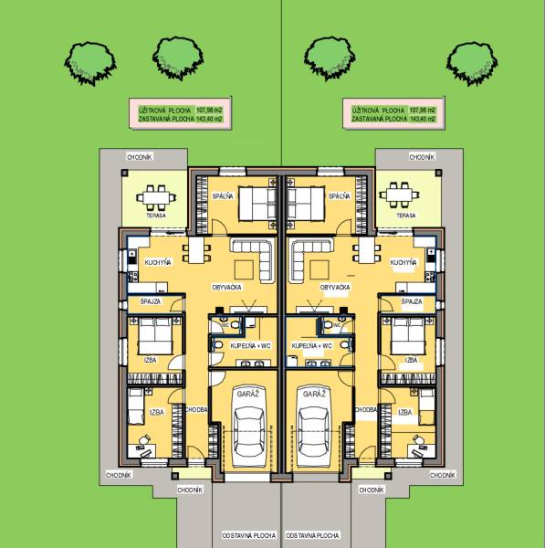 NA PREDAJ 4-IZB. ROD.DVOJDOM | FLORIDA PARK,DUN.STREDA - Pôdorys dvojdomu s dvoma spálňami, obývačkou, kuchyňou, garážou a terasou.