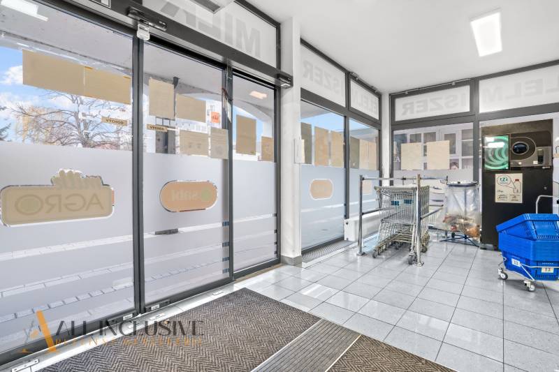 NA PRENÁJOM OBCHODNÝ PRIESTOR V DUNAJSKEJ STREDE - Obchodné priestory s nákupnými vozíkmi a prázdnymi košíkmi, podlaha s dreveným dekorom.