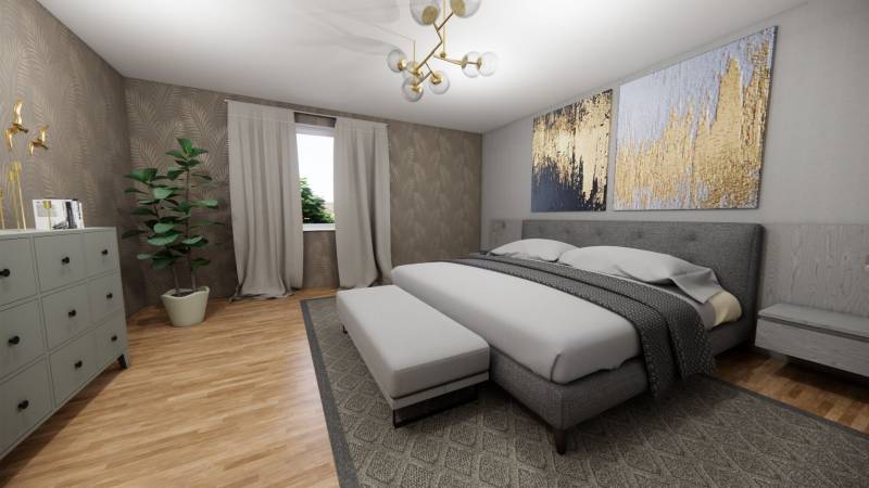 NA PREDAJ 3-IZBOVÝ RD (ČASŤ DVOJDOMU), ZEMIANSKA OLČA - Spálňa v rodinnom dome s posteľou, kobercom, obrazmi a podlahou s dreveným dekorom.