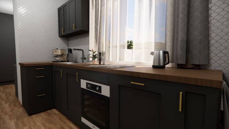NA PREDAJ 3-IZBOVÝ RD (ČASŤ DVOJDOMU), ZEMIANSKA OLČA - Kuchynská linka v rodinnom dome s tmavými skrinkami a podlahou s dreveným dekorom.
