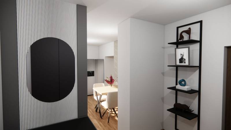 NA PREDAJ 3-IZBOVÝ RD (ČASŤ DVOJDOMU), ZEMIANSKA OLČA - Interiér rodinného domu s podlahou s dreveným dekorom, dekoráciami a jedálenským stolom.