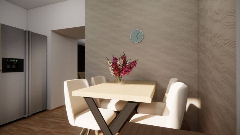 NA PREDAJ 3-IZBOVÝ RD (ČASŤ DVOJDOMU), ZEMIANSKA OLČA - Jedálenský stôl s vázou kvetín v Rodinnom dome, podlaha s dreveným dekorom.