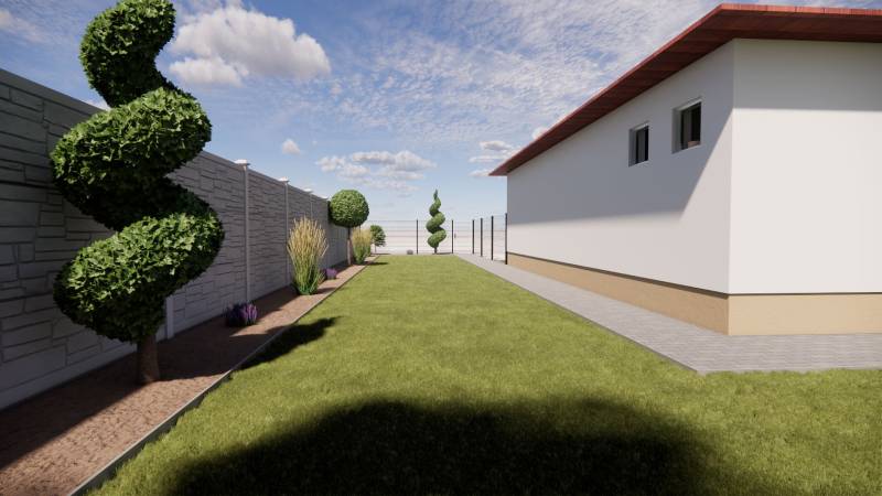 NA PREDAJ 3-IZBOVÝ RD (ČASŤ DVOJDOMU), ZEMIANSKA OLČA - Rodinný dom v Zemianskej Olči s úhľadne upravenou záhradou a ozdobnou špirálovitou zeleňou.