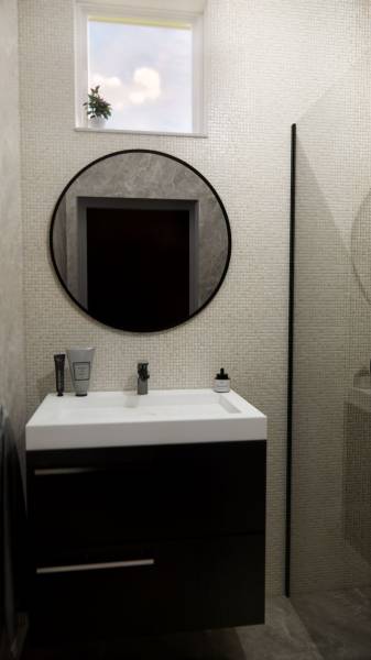 NA PREDAJ 3-IZBOVÝ RD (ČASŤ DVOJDOMU), ZEMIANSKA OLČA - Kúpeľňa v rodinnom dome s okrúhlym zrkadlom a tmavým umývadlom na bielom podklade.