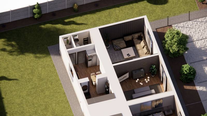 NA PREDAJ 3-IZBOVÝ RD (ČASŤ DVOJDOMU), ZEMIANSKA OLČA - Podlahy s dreveným dekorom v interiéri rodinného domu a záhrada v Zemianskej Olči.