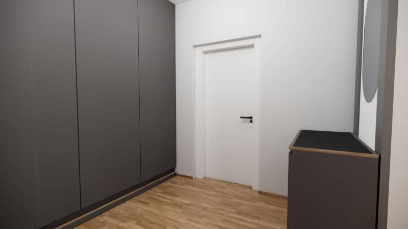 NA PREDAJ 3-IZBOVÝ RD (ČASŤ DVOJDOMU), ZEMIANSKA OLČA - Chodba s podlahou s dreveným dekorom, sivými skriňami a bielymi dverami v rodinnom dome.