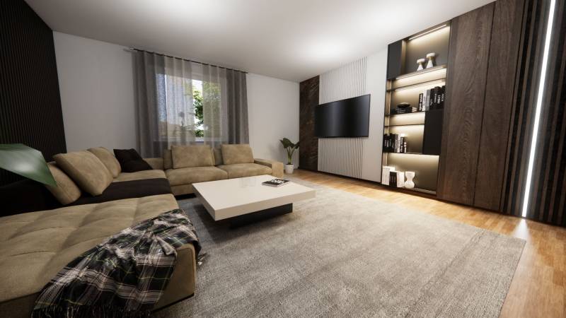 NA PREDAJ 3-IZBOVÝ RD (ČASŤ DVOJDOMU), ZEMIANSKA OLČA - Obývačka v rodinnom dome s pohovkou, podlahou s dreveným dekorom a policovou stenou.