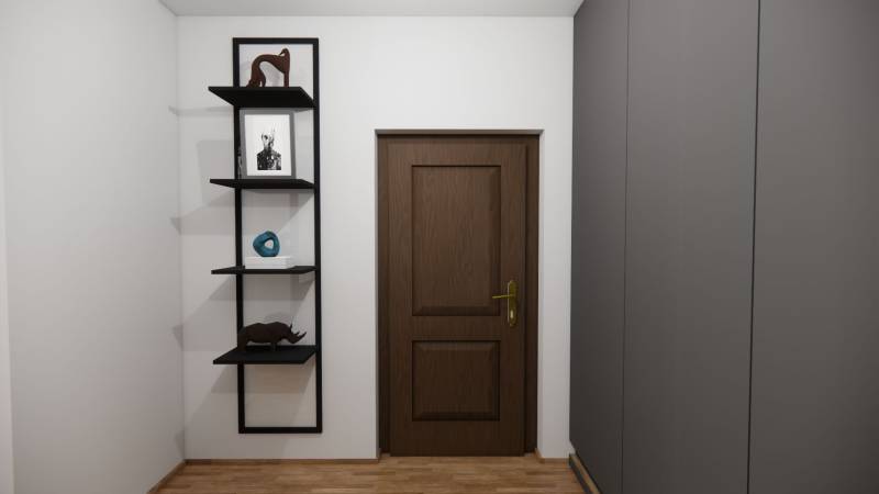 NA PREDAJ 3-IZBOVÝ RD (ČASŤ DVOJDOMU), ZEMIANSKA OLČA - Polička s dekoráciami vedľa drevených dverí v rodinnom dome, podlaha s dreveným dekorom.