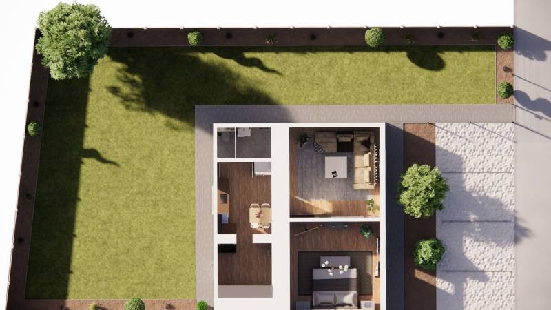 NA PREDAJ 3-IZBOVÝ RD (ČASŤ DVOJDOMU), ZEMIANSKA OLČA - Pôdorys rodinného domu v Zemianskej Olči, trávnik, stromy, izby a podlaha s dreveným dekorom.