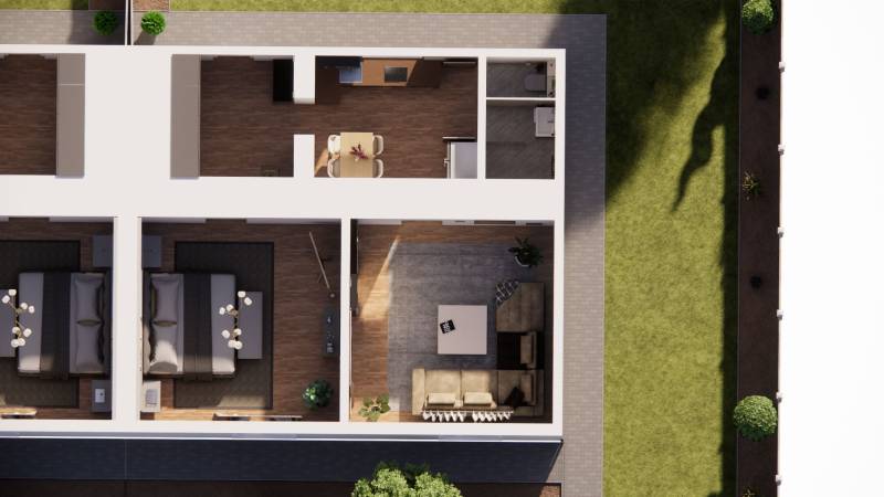 NA PREDAJ 3-IZBOVÝ RD (ČASŤ DVOJDOMU), ZEMIANSKA OLČA - Pôdorys rodinného domu so záhradou, podlaha s dreveným dekorom, dve izby, kuchyňa.