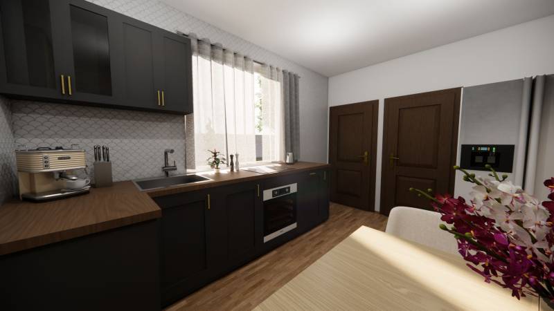 NA PREDAJ 3-IZBOVÝ RD (ČASŤ DVOJDOMU), ZEMIANSKA OLČA - Kuchyňa v rodinnom dome s tmavým nábytkom, kávovarom a podlahou s dreveným dekorom.