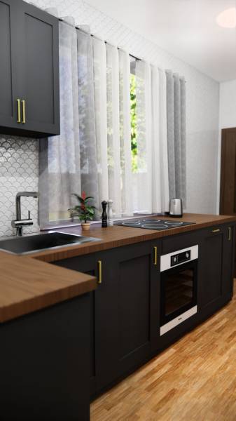 NA PREDAJ 3-IZBOVÝ RD (ČASŤ DVOJDOMU), ZEMIANSKA OLČA - Moderná kuchyňa v rodinnom dome s podlahou s dreveným dekorom a tmavými skrinkami.