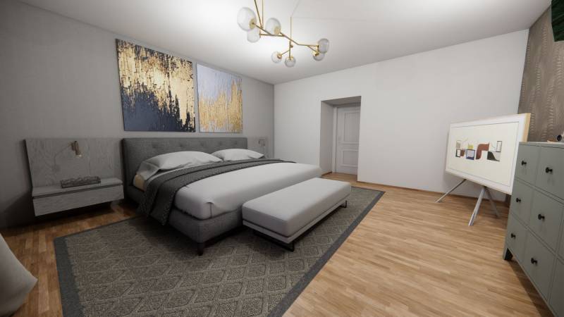 NA PREDAJ 3-IZBOVÝ RD (ČASŤ DVOJDOMU), ZEMIANSKA OLČA - Spálňa v rodinnom dome s podlahou s dreveným dekorom, veľkou posteľou a dekoráciami.