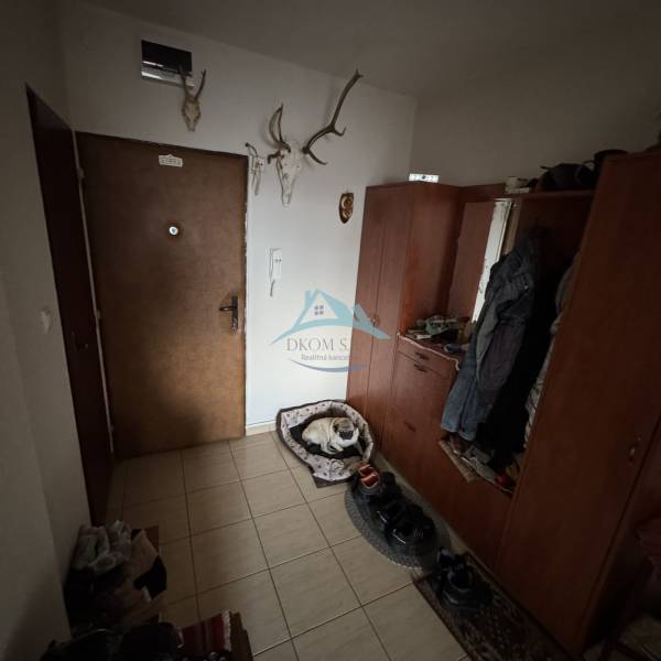Nadštandardný 4-izbový tehlový byt po kompletnej Sahy - Predsieň v 4-izbovom byte s vešiakmi, psím pelechom a dekoratívnymi parožím na stene.