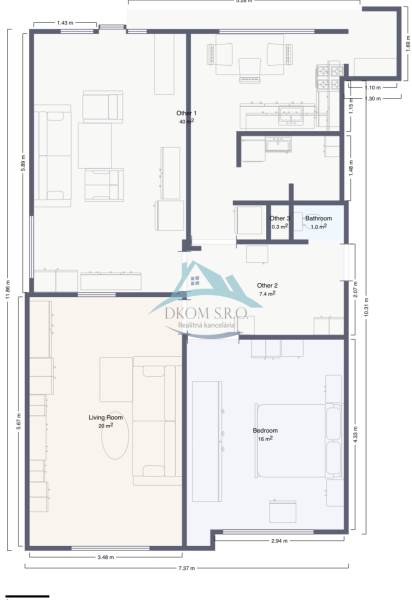 Nadštandardný 4-izbový tehlový byt po kompletnej Sahy - Pôdorys 4-izbového bytu s rozmiestnením izieb a nábytku.