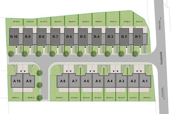 Elegancia, pokoj a nový začiatok na dosah mesta - Pôdorys rozloženia rodinných domov v Zlatých Moravciach so zelenými pozemkami a komunikáciou.