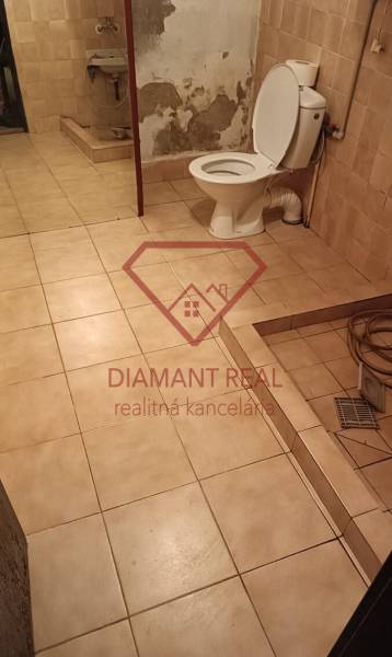 Na predaj RD na bývanie alebo investičná príležitosť Horné Saliby - Kúpeľňa v rodinnom dome s toaletou, umývadlom a dlažbou na zemi.