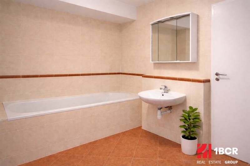 INVESTIČNÉ BÝVANIE V TOP LOKALITE: 2-IZBOVÝ BYT, JÉGÉHO UL, BRATISLAVA - Kúpeľňa s vaňou a umývadlom v 2-izbovom byte, doplnená zelenou rastlinou.