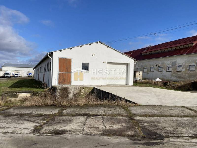 Na prenájom skladová hala, obec Rybky, okr. Senica - Exteriér skladov a hál v Rybkách s bielou fasádou a drevenými dverami.