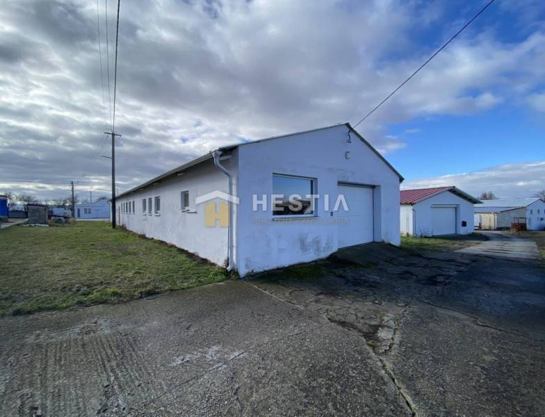 Na prenájom skladová hala, obec Rybky, okr. Senica - Sklady a haly v Rybkoch s trávnatým okolím pod oblačnou oblohou.