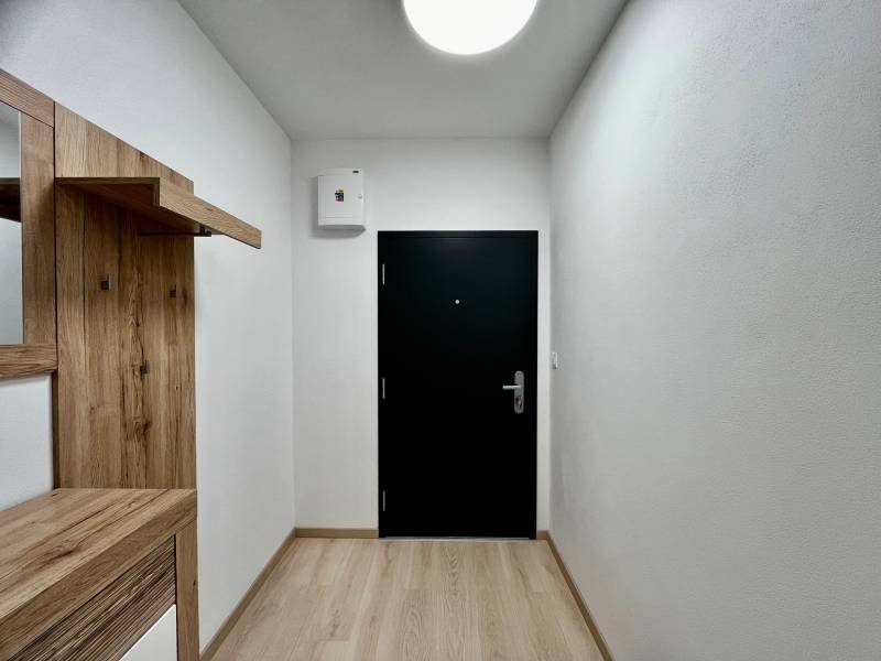 PRENÁJOM NOVOSTAVBA 2 izb.byt, BALKÓN, PARKOVACIE MIESTO, BIELY KOSTOL - V 2-izbovom byte je predsieň s vešiakom, podlahou s dreveným dekorom a tmavými dverami.