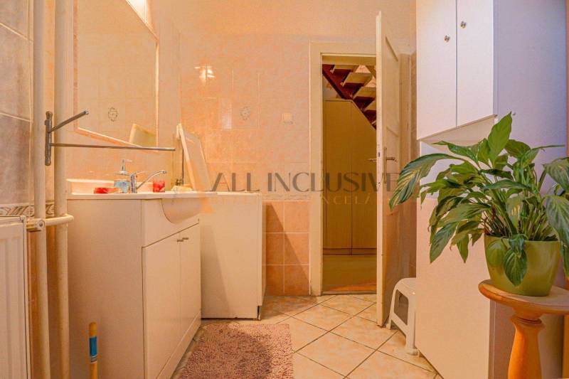 NA PREDAJ 7 IZBOVÝ RODINNÝ DOM, DUNAJSKÁ STREDA - Kúpeľňa v rodinnom dome so svetlými obkladačkami, umývadlom a zelenou rastlinou.