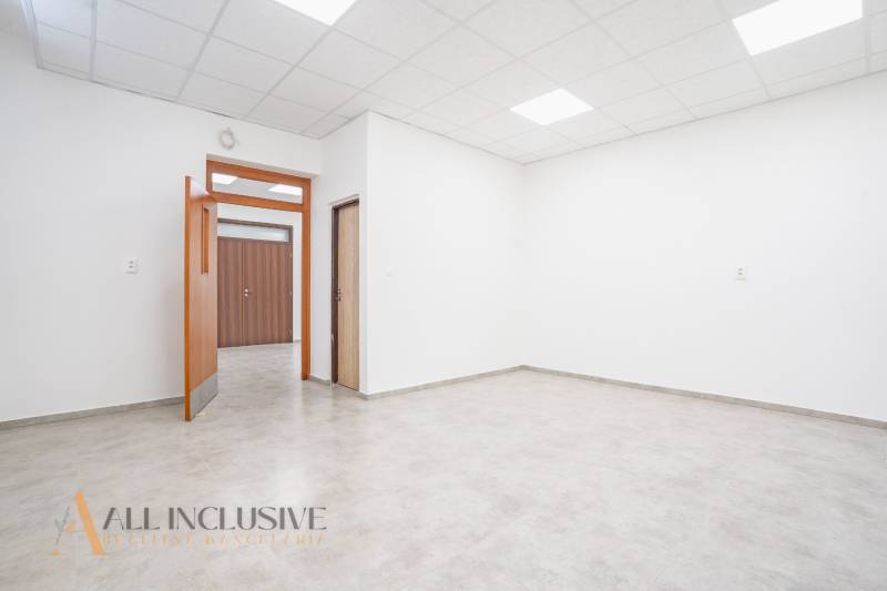 NA PRENÁJOM OBCHODNÝ PRIESTOR-KANCELÁRIA ,DUN. STREDA - Priestranná miestnosť s bielymi stenami a drevenými dverami na ulici Jilemnického.