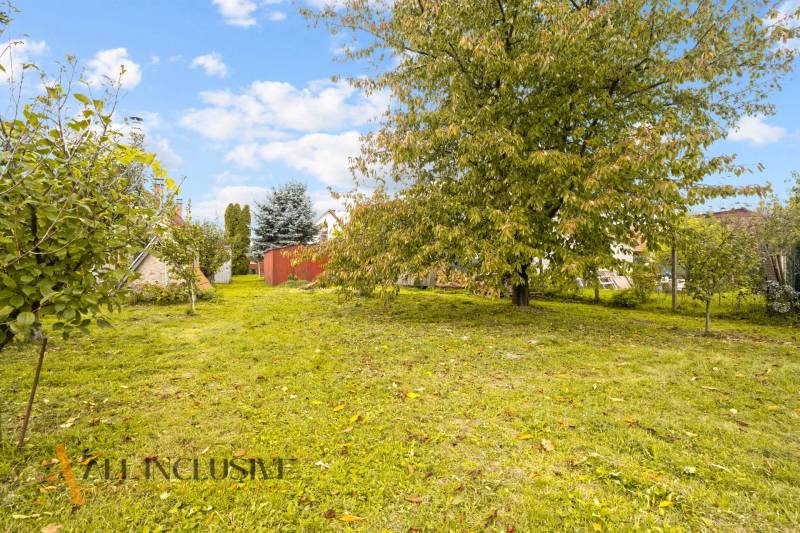 NA PREDAJ 2-IZBOVÝ RODINNÝ DOM S PODKROVÍM, BODÍKY - Záhrada v Bodíkoch pri rodinnom dome, s trávou a ovocnými stromami.