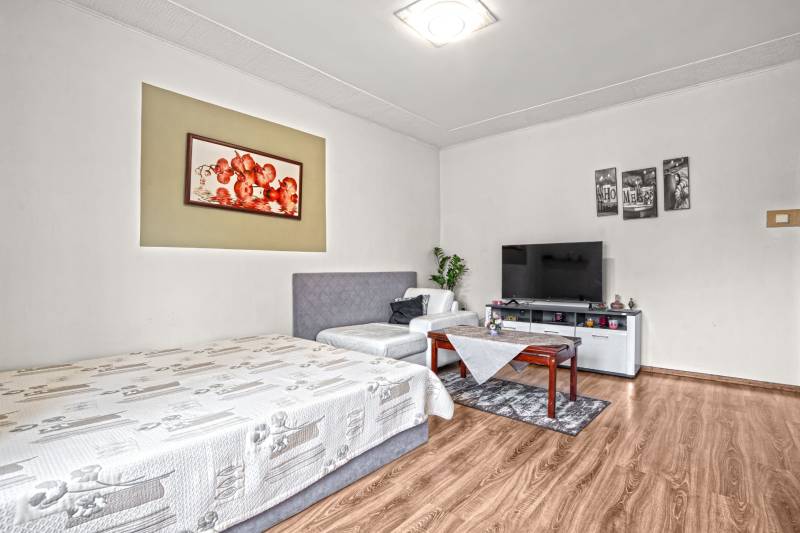 NA PREDAJ VÝNIMOČNÝ RODINNÝ DOM VO VEĽKOM MEDERI - Obývacia izba v rodinnom dome s gaučom, televízorom a podlahou s dreveným dekorom.