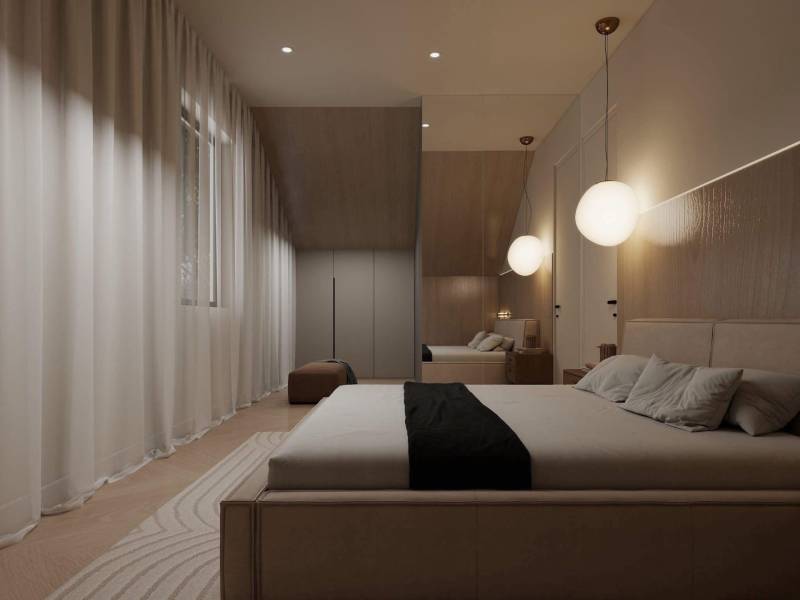 NA PREDAJ 4-IZBOVÉ RD – REZIDENČNÝ PROJEKT, GABČÍKOVO - Spálňa v rodinnom dome s jemným osvetlením a podlahou s dreveným dekorom.