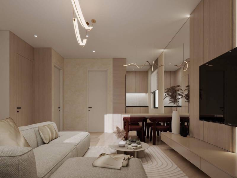 NA PREDAJ 4-IZBOVÉ RD – REZIDENČNÝ PROJEKT, GABČÍKOVO - Interiér rodinného domu so svetlou sedačkou, podlahou s dreveným dekorom a minimalistickým osvetlením.