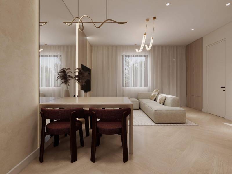 NA PREDAJ 4-IZBOVÉ RD – REZIDENČNÝ PROJEKT, GABČÍKOVO - Interiér rodinného domu s pohovkou, jedálenským stolom a podlahou s dreveným dekorom.