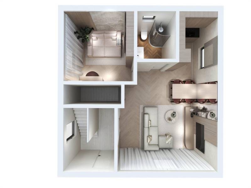 NA PREDAJ 4-IZBOVÉ RD – REZIDENČNÝ PROJEKT, GABČÍKOVO - Dispozícia rodinného domu s podlahou s dreveným dekorom a elegantným interiérom.