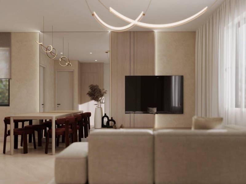 NA PREDAJ 4-IZBOVÉ RD – REZIDENČNÝ PROJEKT, GABČÍKOVO - Obývacia izba rodinného domu s podlahou s dreveným dekorom a elegantným osvetlením.