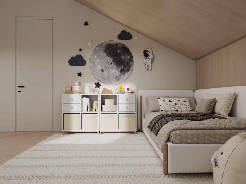 NA PREDAJ 4-IZBOVÉ RD – REZIDENČNÝ PROJEKT, GABČÍKOVO - Detská izba v rodinnom dome s vesmírnym motívom, posteľou a úložným priestorom.